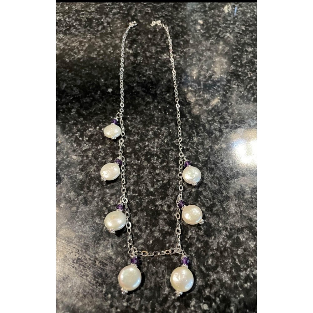Vintage Sterling Silver Fresh Water Pearls & Purple Crystal Necklace 18" #402